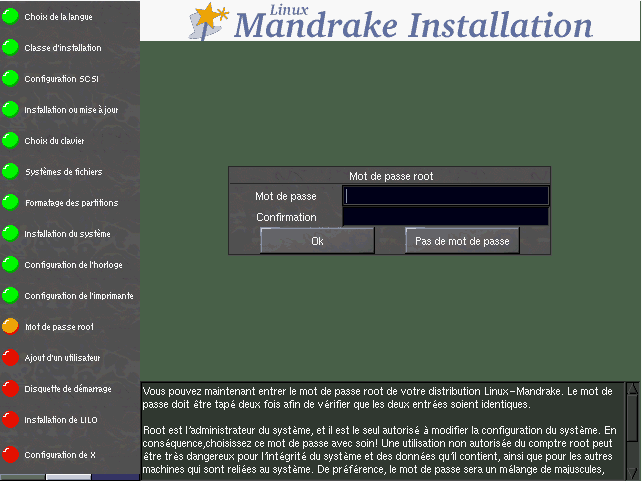 Choix du mot de passe de root
